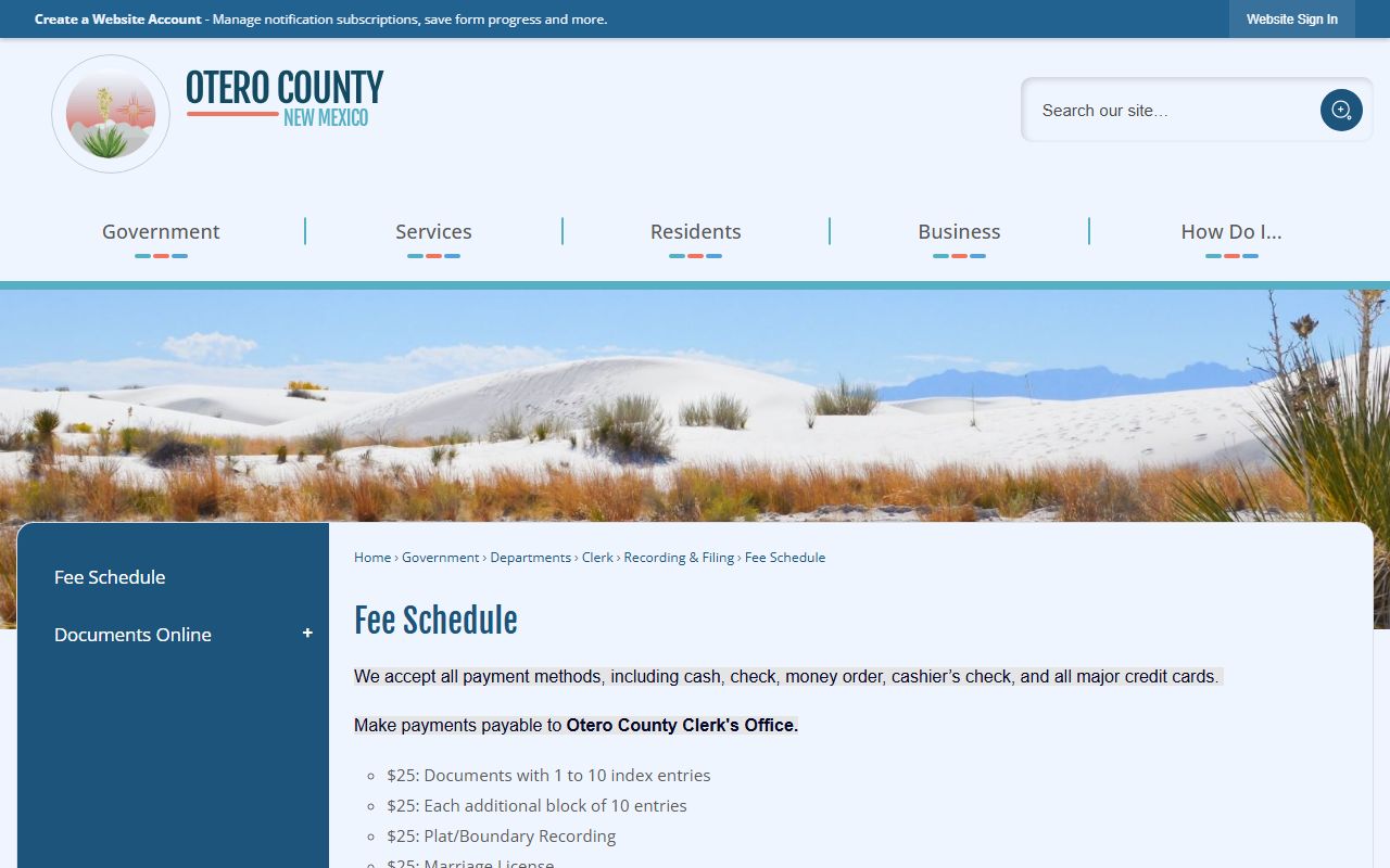 Otero County Clerk of Court records fee schedule reference for court copies