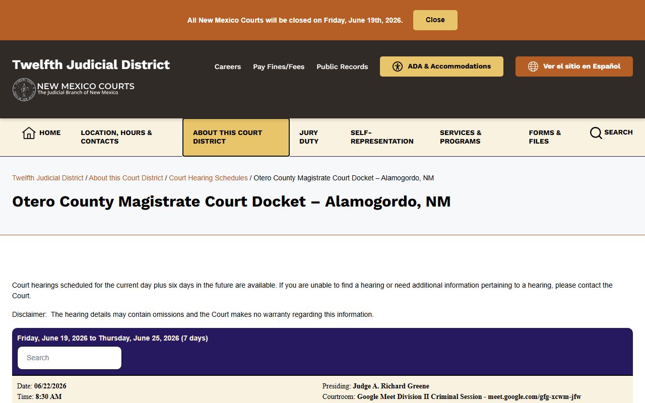 Otero County Magistrate Court docket page for Alamogordo hearings