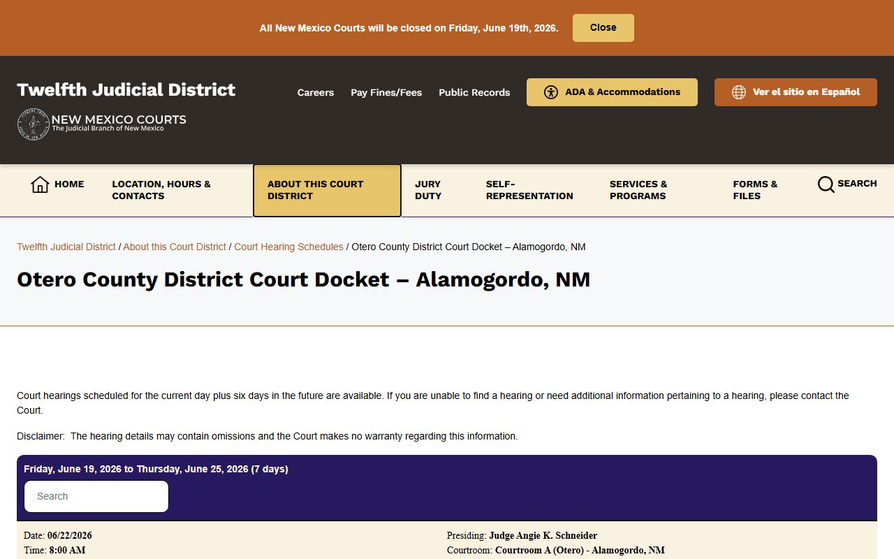 Otero County District Court docket page for Otero County court dockets