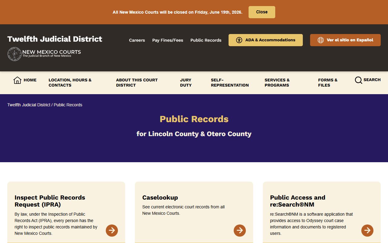 Otero County court records public records page from the Twelfth Judicial District