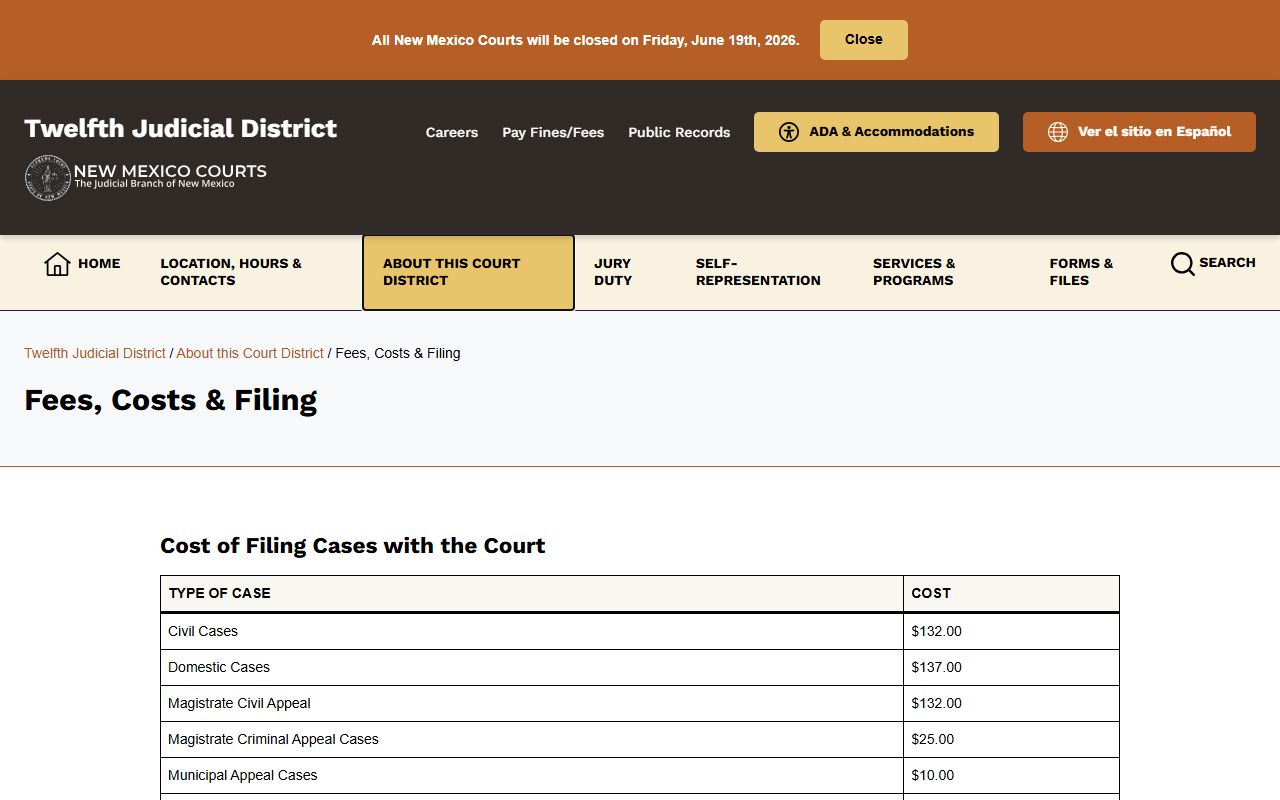 Otero County District Court records filing and copy fee schedule