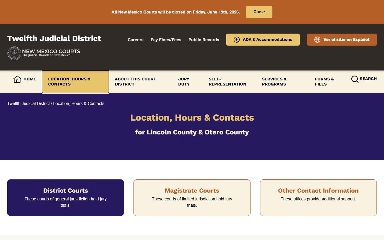 Otero County District Court records contact page with clerk and copy request details