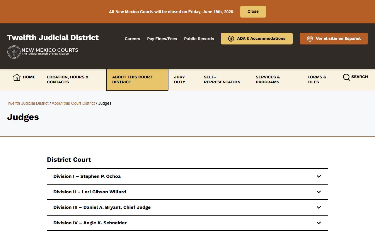Otero County District Court records Twelfth District judges divisions and contacts