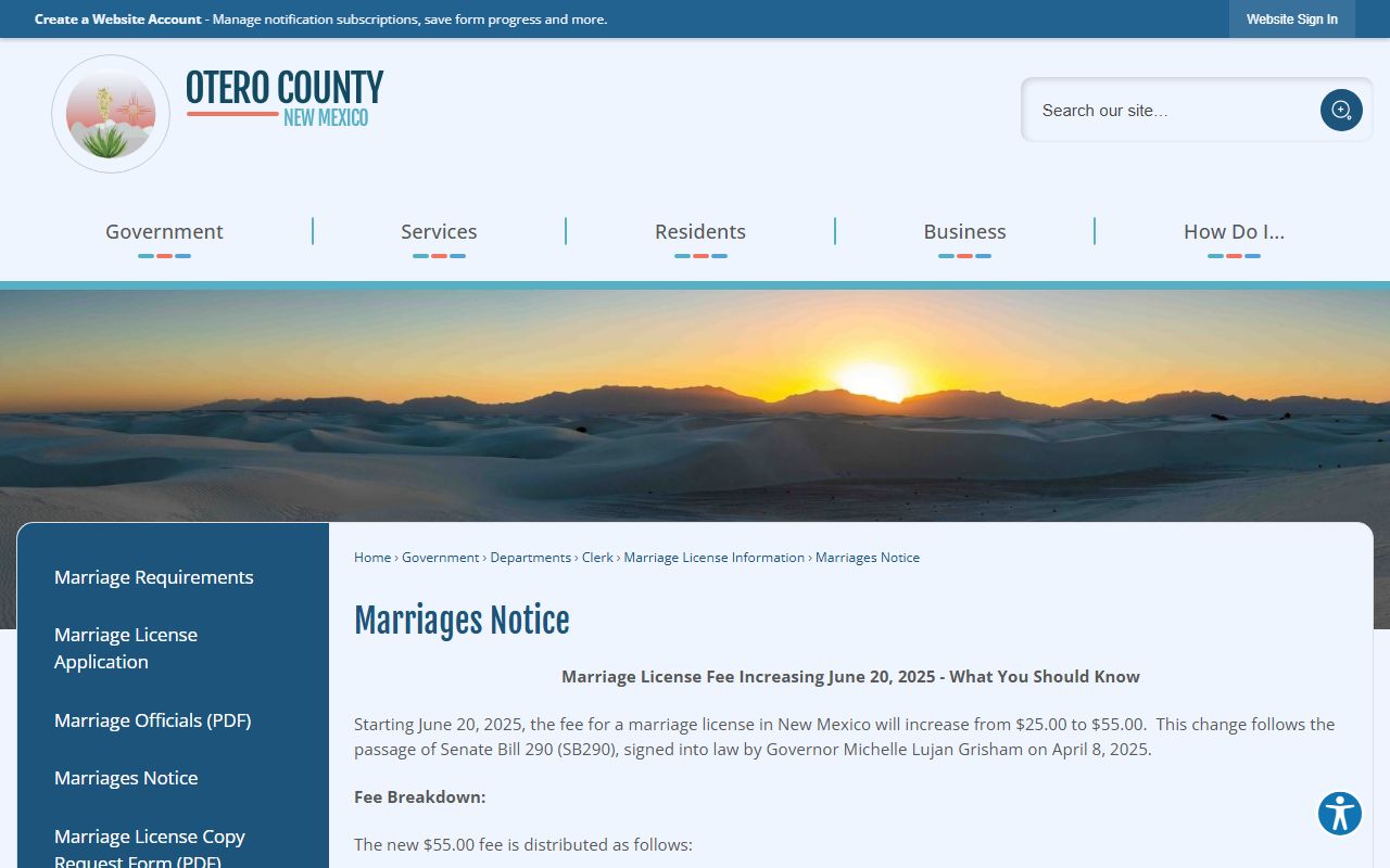 Otero County marriage records fee increase notice for New Mexico marriage licenses