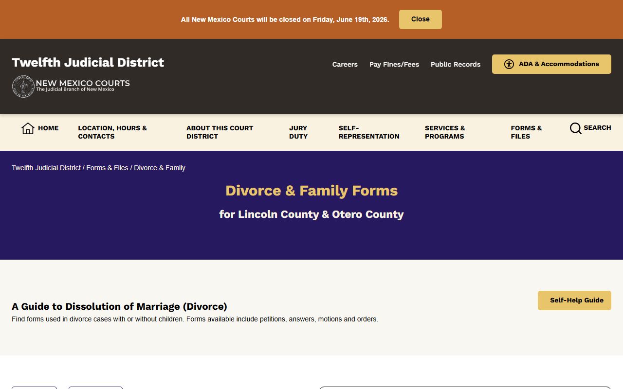 Otero County divorce records Twelfth District divorce forms page