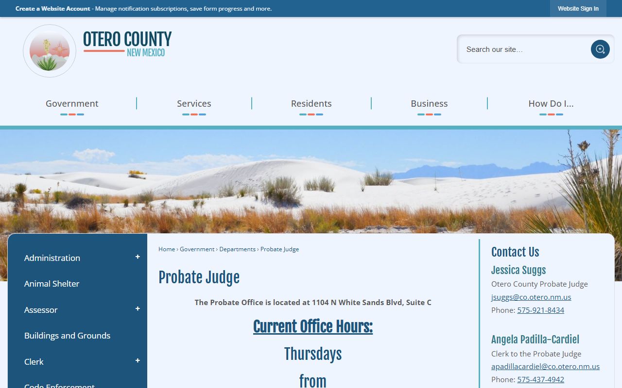 Otero County probate records Probate Judge page with fee hours and forms