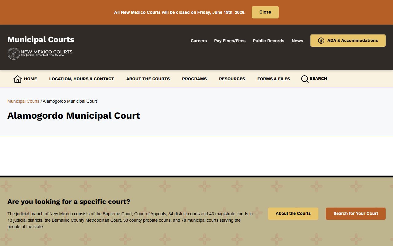 Otero County traffic court records Alamogordo Municipal Court page